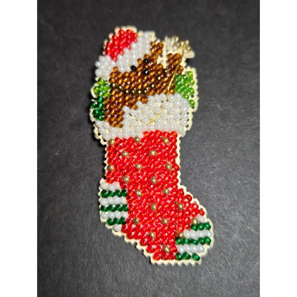 Vintage handmade Embroidered Red Seed Bead Stocking Brooch